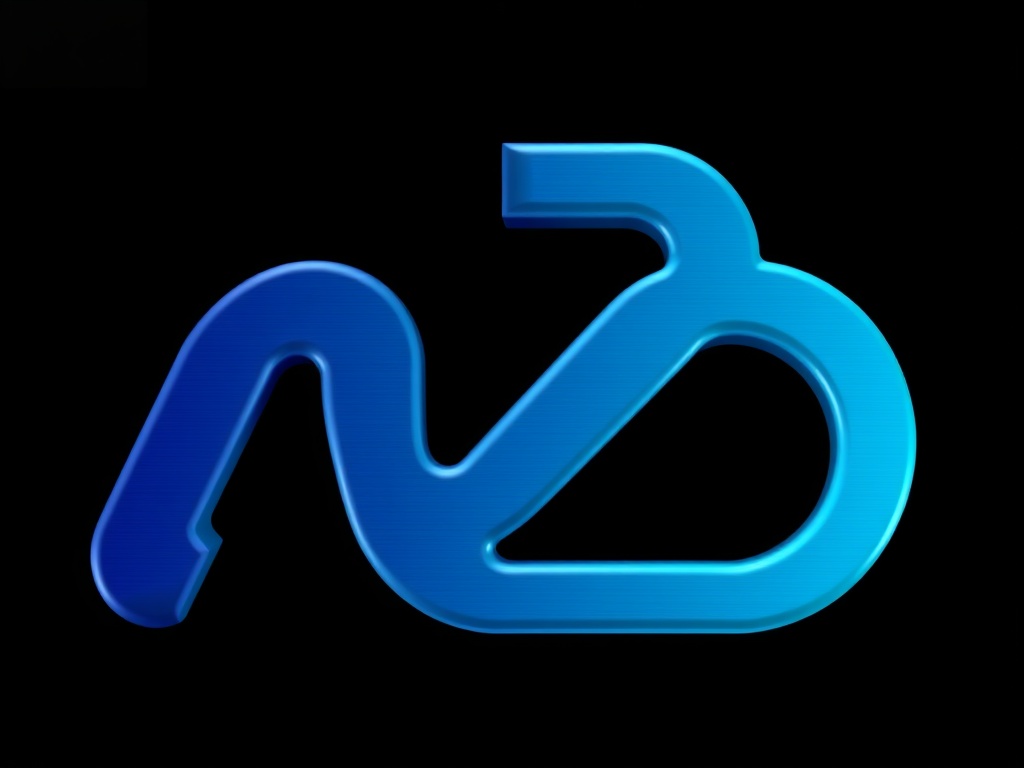 A minimalist 3D-rendered logo mark: a stylized 'MD' connected with smooth curves, with a gradient of deep blue to vibrant cyan. The surface has a subtle brushed metal texture. Isolated on a dark background. 8k.